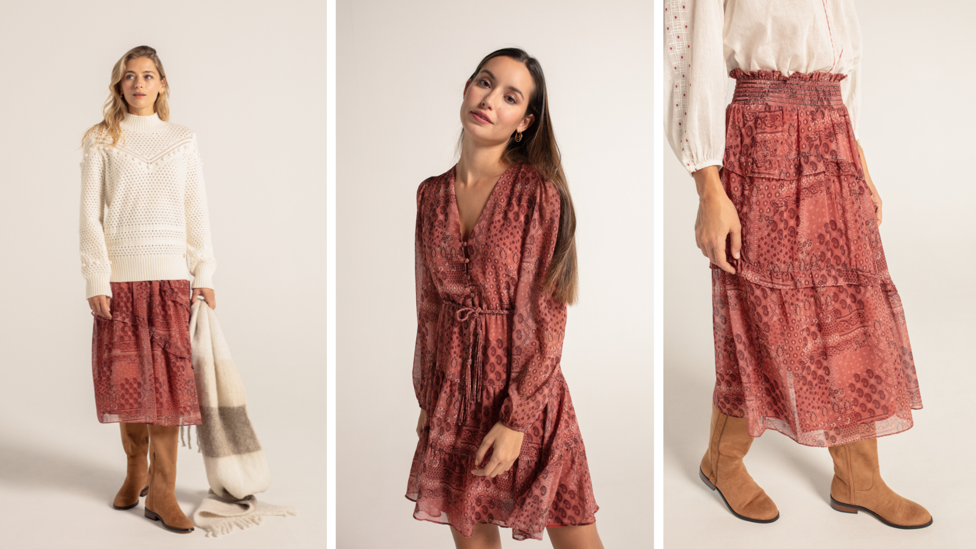  Estampados otoñales en color caldera conquistan los vestidos fluidos y faldas midi más bonitos de la temporada